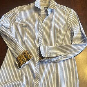 Express essentials button down business blue stripe with Leopard cuff and collar